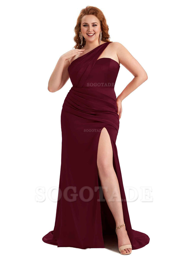 Sexy Side Slit One Shoulder Mermaid Soft Satin Long Plus Size Matron of Honor Dress For Wedding