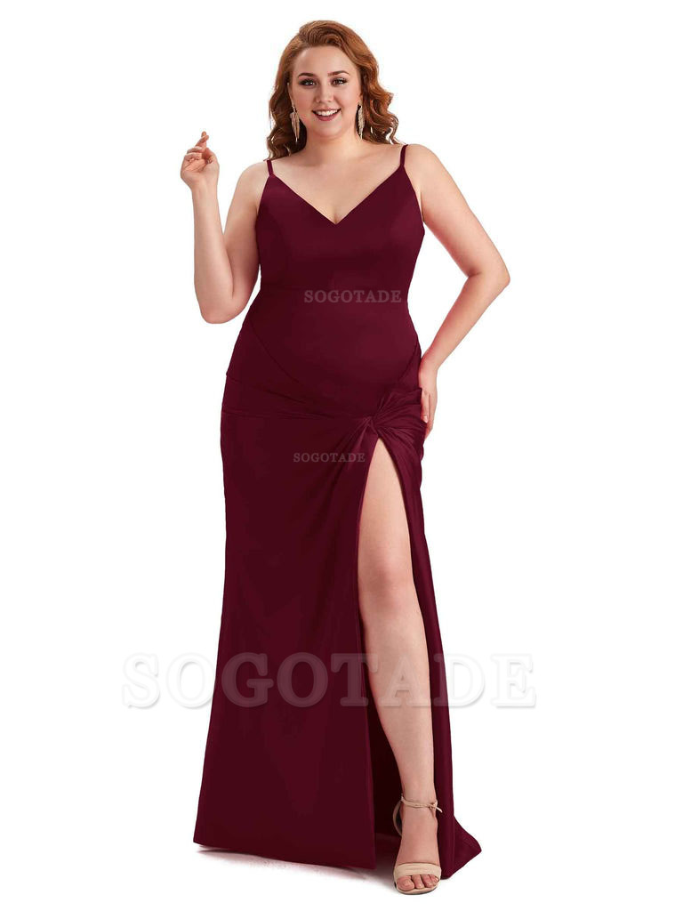 Sexy Spaghetti Straps V-neck Side Slit Mermaid Soft Satin Long Plus Size Bridesmaid Dress