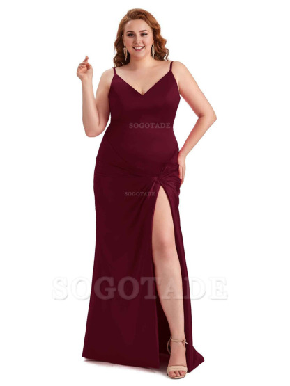 Sexy Spaghetti Straps V-neck Side Slit Mermaid Soft Satin Long Plus Size Bridesmaid Dress