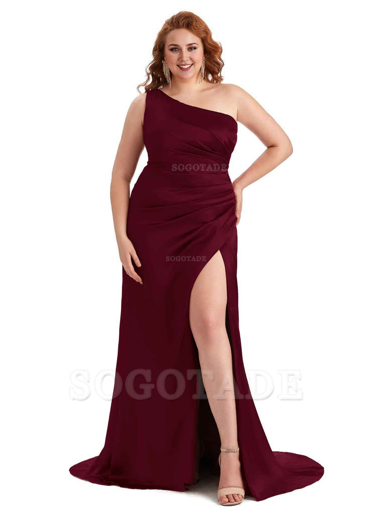 Sexy One Shoulder Side Slit Mermaid Soft Satin Long Plus Size Maid of Honor Dress For Wedding
