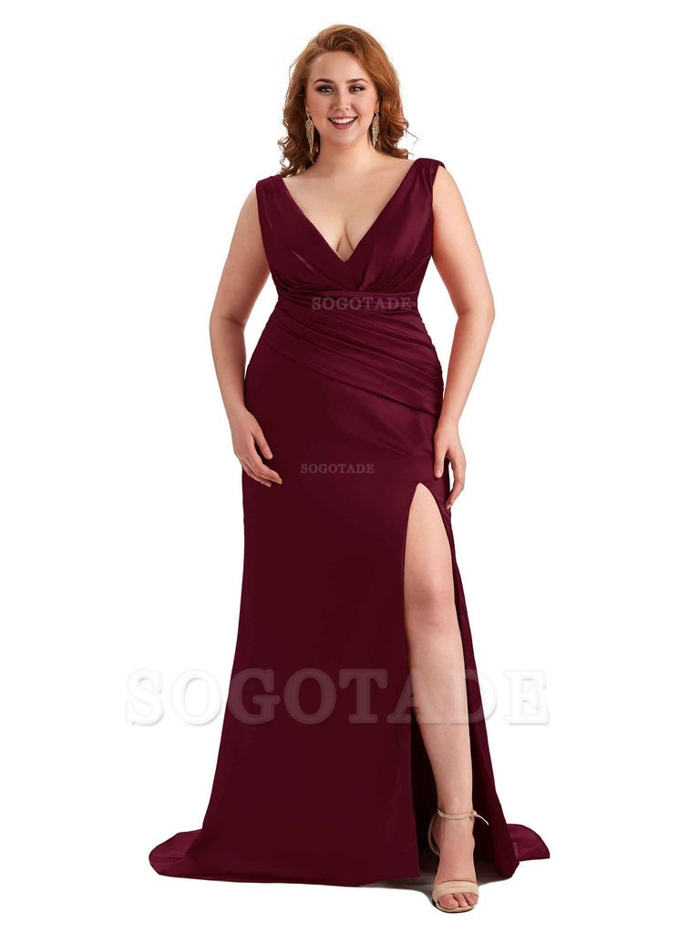 Elegant V-neck Side Slit Mermaid Soft Satin Long Plus Size Bridesmaid Dress For Wedding