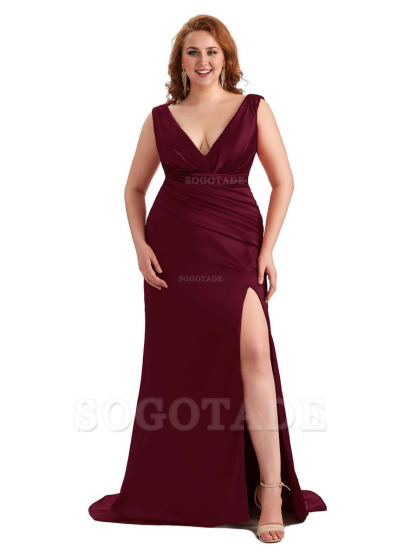 Elegant V-neck Side Slit Mermaid Soft Satin Long Plus Size Bridesmaid Dress For Wedding
