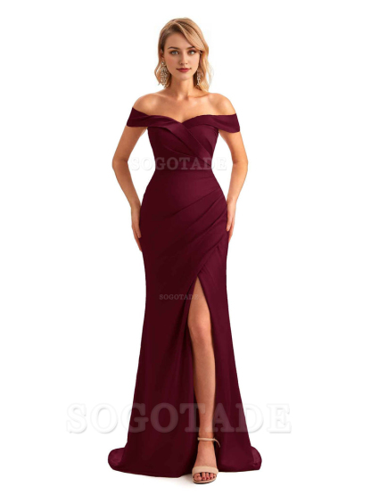 Off Shoulder Side Slit Mermaid Silky Satin Unique Long Formal Wedding Guest Dresses Online