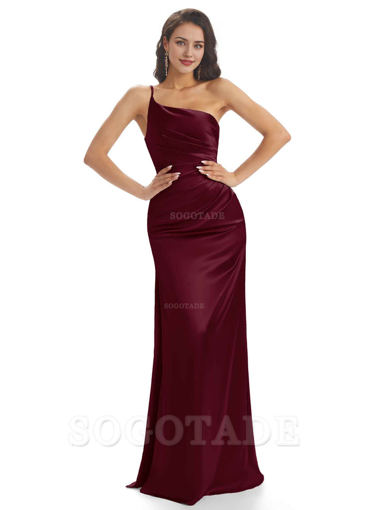Sexy Soft Satin One Shoulder Side Slit Mermaid Long Bridesmaid Dresses prom dress shop ﻿