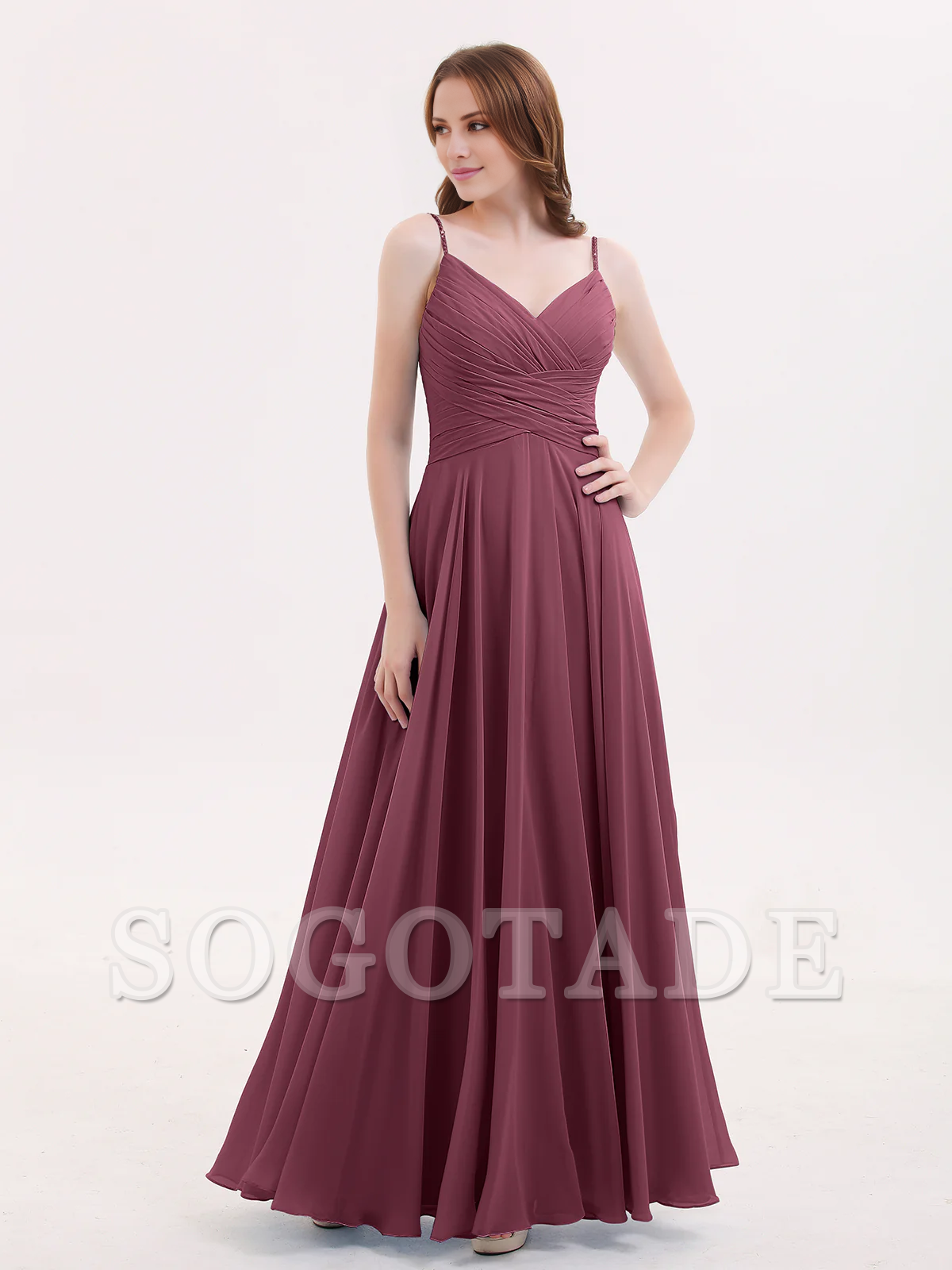 V-neck Fine Shoulder Strap Floor Length Chiffon Bridesmaid Dresses Online