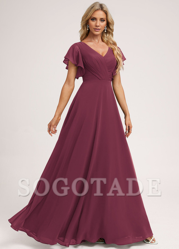 Ruffle A-line V-neck and floor chiffon bridesmaid dress
