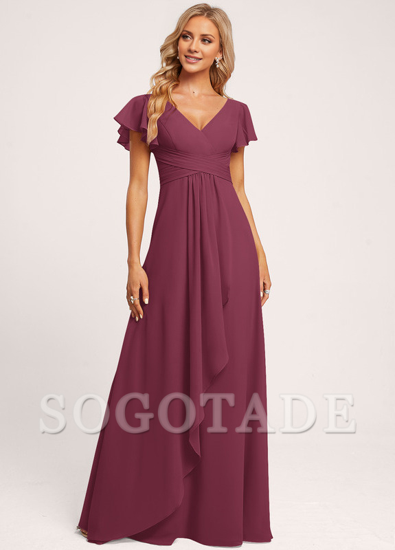 Ruffle A-line V-neck and floor chiffon bridesmaid dress