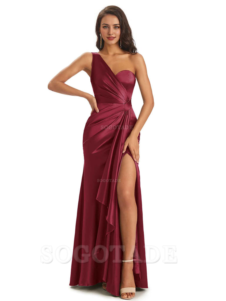 Elegant Soft Satin Side Slit One Shoulder Unique Mermaid Bridesmaid Dresses Online prom dresses shops