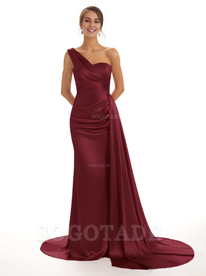 Elegant One Shoulder Soft Satin Unique Mermaid Long Bridesmaid Dresses Online prom dresses shops