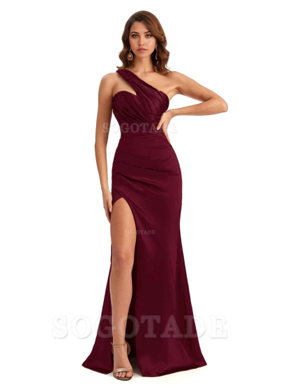 Sheath One shoulder Satin formal dresses evening gown Bridesmaid Dresses With Side Slit 