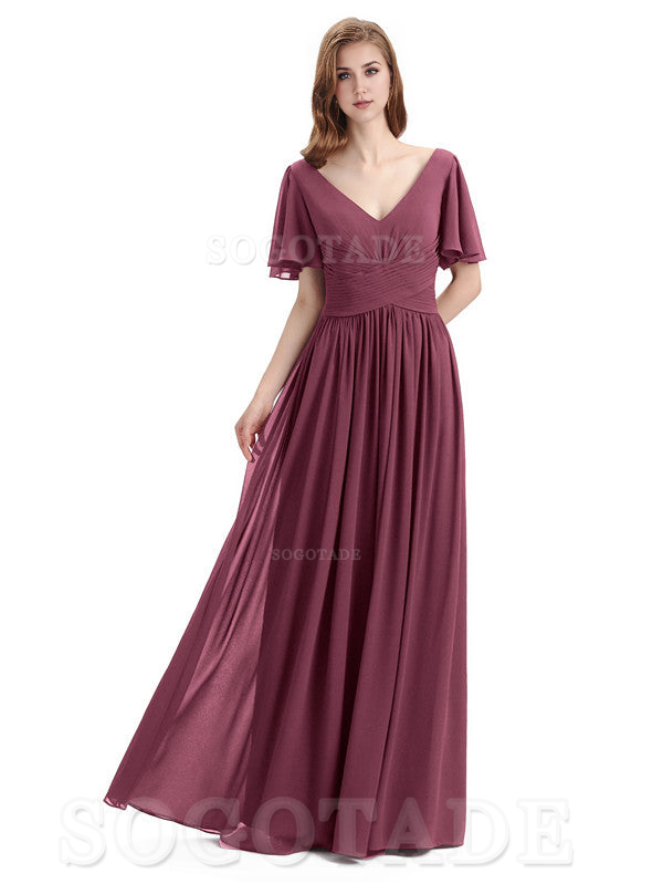 A-Line Chiffon Short Sleeves Elegant Floor-Length Bridesmaid Dresses Formal Women's Dresses Wedding Guests Dresses