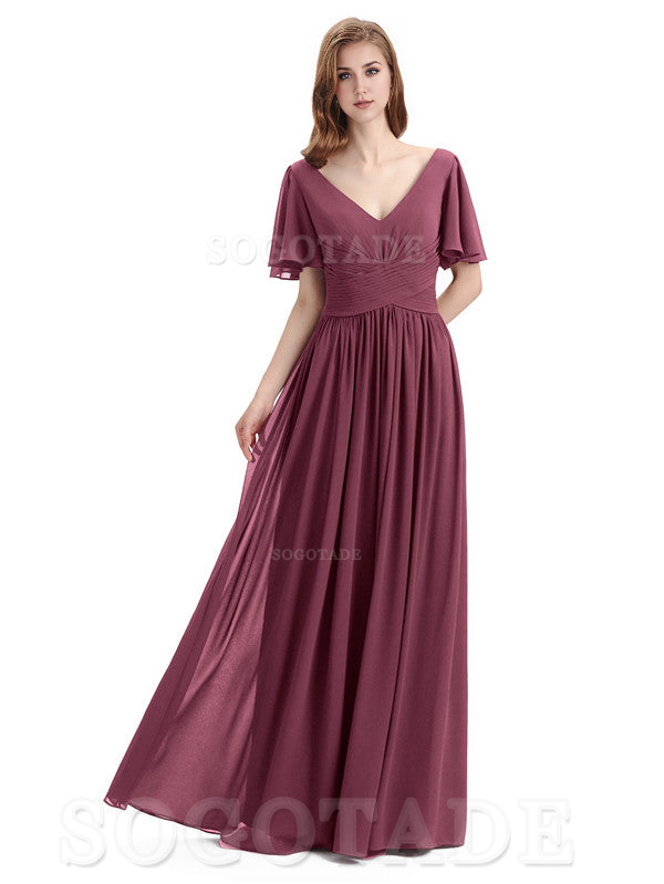 A-Line Chiffon Short Sleeves Elegant Floor-Length Bridesmaid Dresses Formal Women's Dresses Wedding Guests Dresses