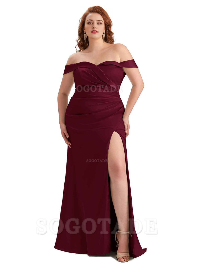 Sexy Side Slit Off Shoulder Mermaid Soft Satin Long Plus Size Bridesmaid Gowns For Wedding