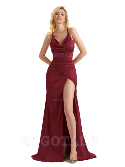 Sheath Cowl Neck Satin formal dresses evening gown Bridesmaid Dresses With Side Slit 