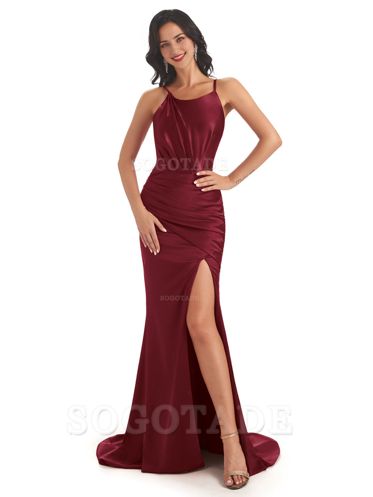 Sexy Soft Satin Spaghetti Straps Side Slit Mermaid Bridesmaid Dresses Formal Women's Dresses Wedding Guests Dresses