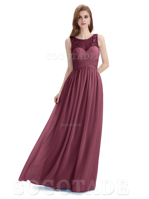 Elegant A-Line Chiffon Sleeveless Ruched Long Simple Bridesmaid Dresses Formal Women's Dresses Wedding Guests Dresses