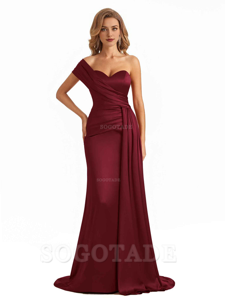 Elegant One Shoulder Soft Satin Long Mermaid Bridesmaid Dresses Online prom shop dresses ﻿