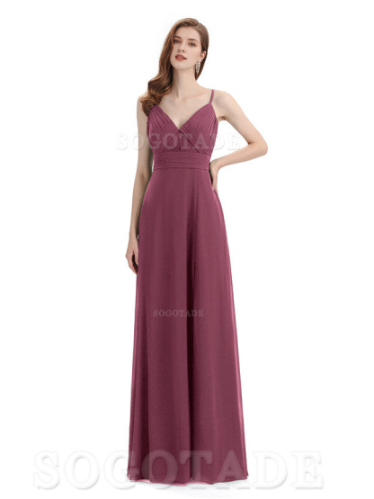 Chiffon V-Neck Spaghetti Strap Floor-Length Side Fork Long Bridesmaid Dresses Formal Women's Dresses Wedding Guests Dresses