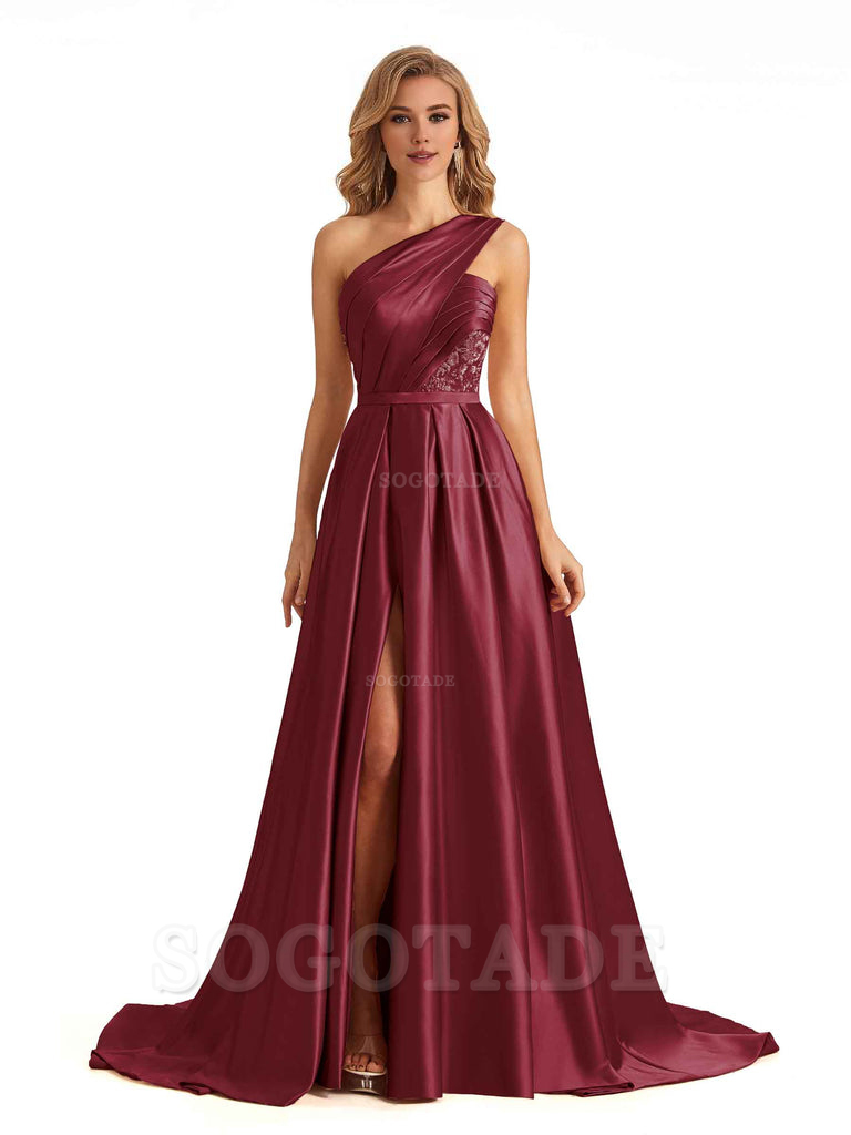Sexy Side Slit One Shoulder A-Line Soft Satin Long Bridesmaid Dresses Online prom dress in store