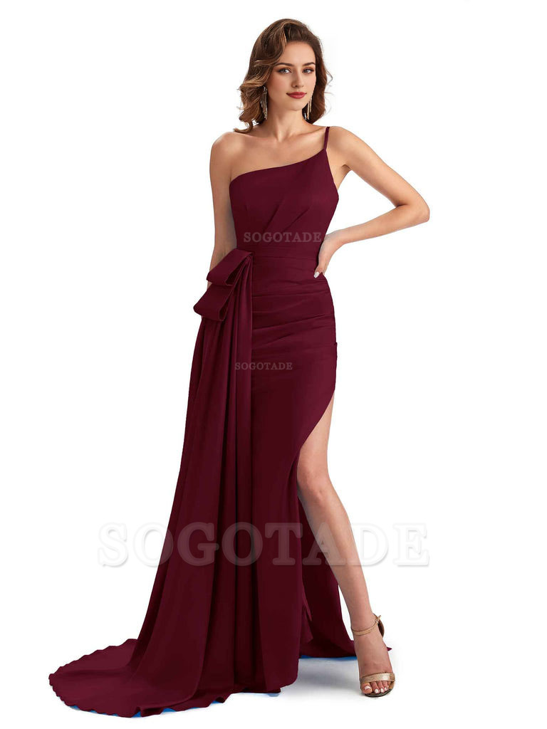 Sexy Side Slit Mermaid Silky Satin One Shoulder Modern Maxi Bridesmaid Dresses