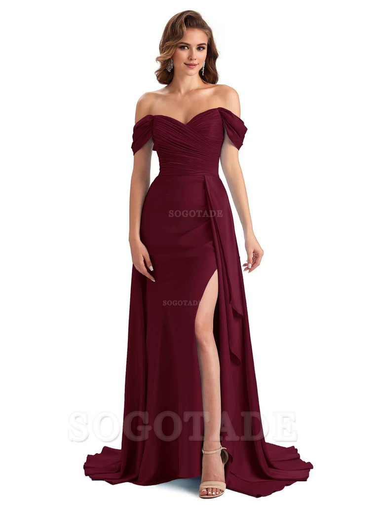 Sexy Side Slit Mermaid Soft Satin Off The Shoulder Long Unique Bridesmaid Dresses prom dress in store