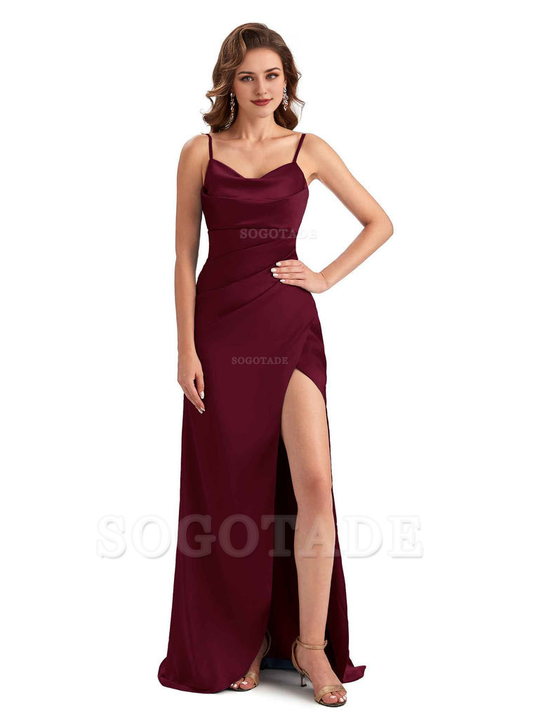 Soft Satin Side Slit Spaghetti Straps Sexy Wedding Bridesmaid Dresses