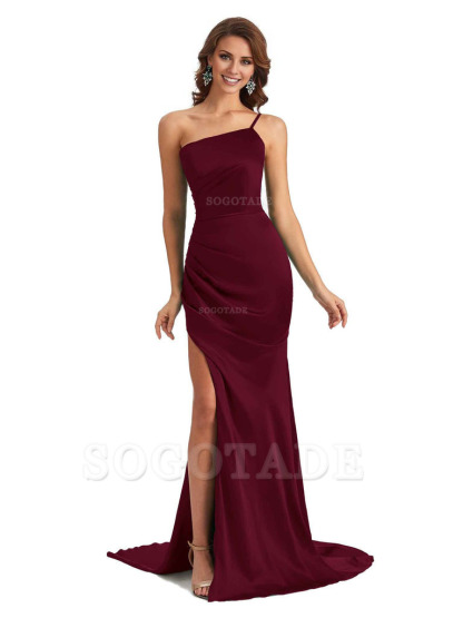 Sexy Silky Satin Side Slit One Shoulder Unique Long Wedding Guest Maxi Dresses
