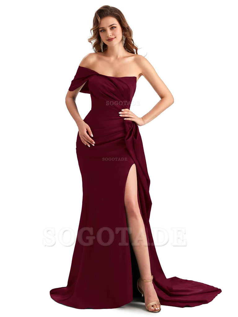 Sexy Side Slit Mermaid Silky Satin One Shoulder Chic Long Maid Of Honor Dresses