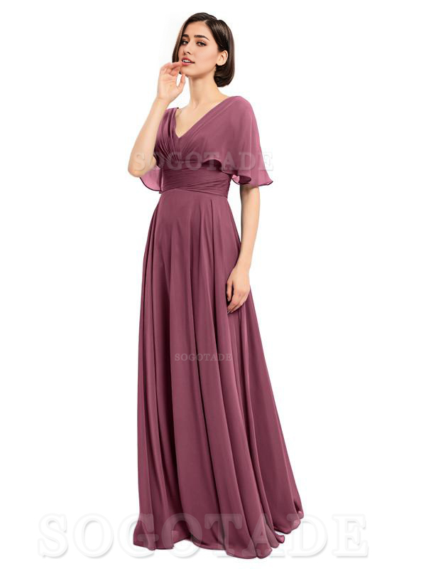  V-Neck Cap Sleeves Sleeves Chiffon Long Elegant Bridesmaid Dresses Formal Wear Dresses