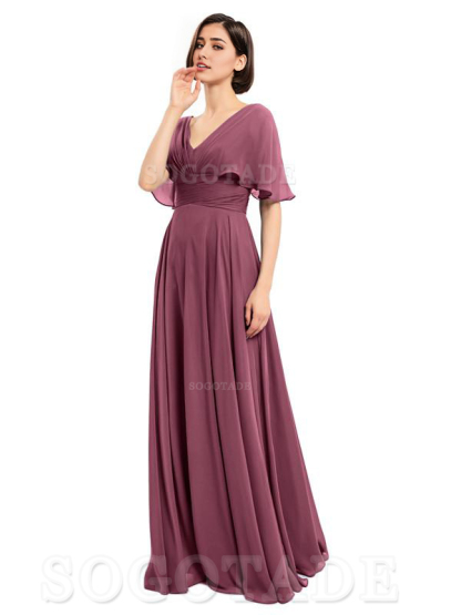  V-Neck Cap Sleeves Sleeves Chiffon Long Elegant Bridesmaid Dresses Formal Wear Dresses