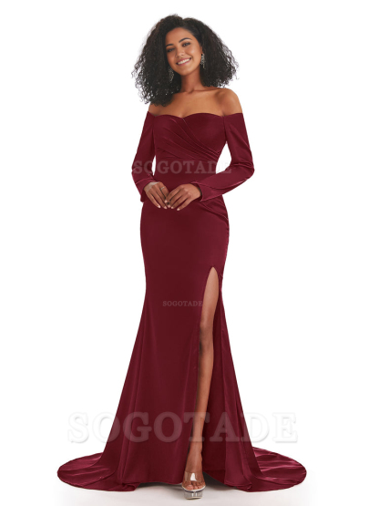 Mermaid Long Sleeve Satin formal dresses evening gown Bridesmaid Dresses With Side Slit 