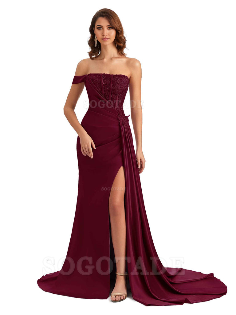 Mermaid Off Shoulder Applique formal dresses evening gown Bridesmaid Dresses With Side Slit 