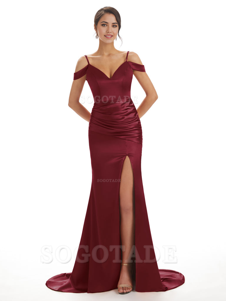 Mermaid Off The Shoulder Satin formal dresses evening gown Bridesmaid Dresses With Side Slit 