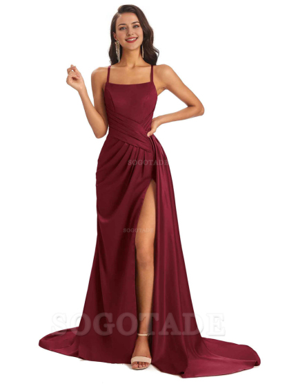 Sexy Soft Satin Side Slit Spaghetti Straps Long Maxi Bridesmaid Dresses prom shop dresses