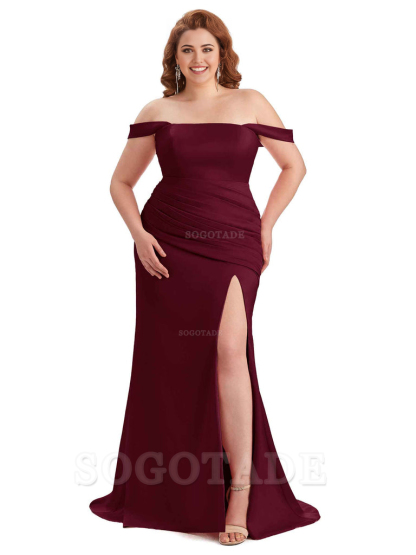  Sexy Off Shoulder Side Hight Slit Sleeveless Mermaid Soft Satin Long Plus Size Bridesmaid Dress For Wedding