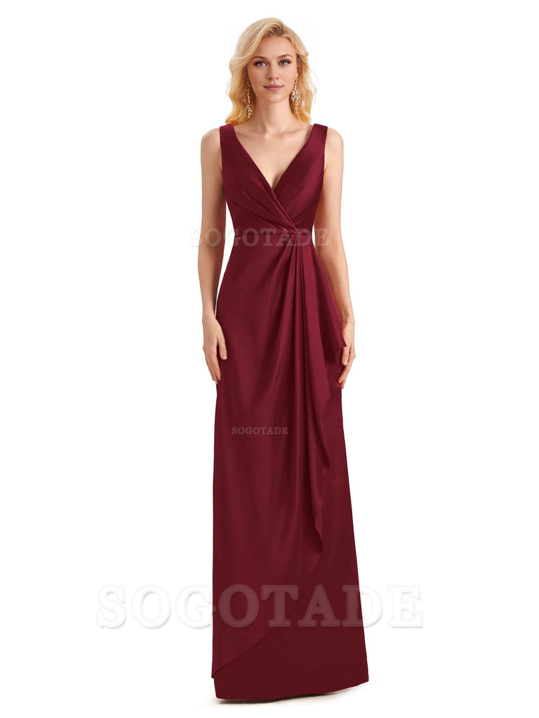 V Neck Elegant Soft Satin Formal Long Maid Bridesmaid Dresses Formal Wear Dresses