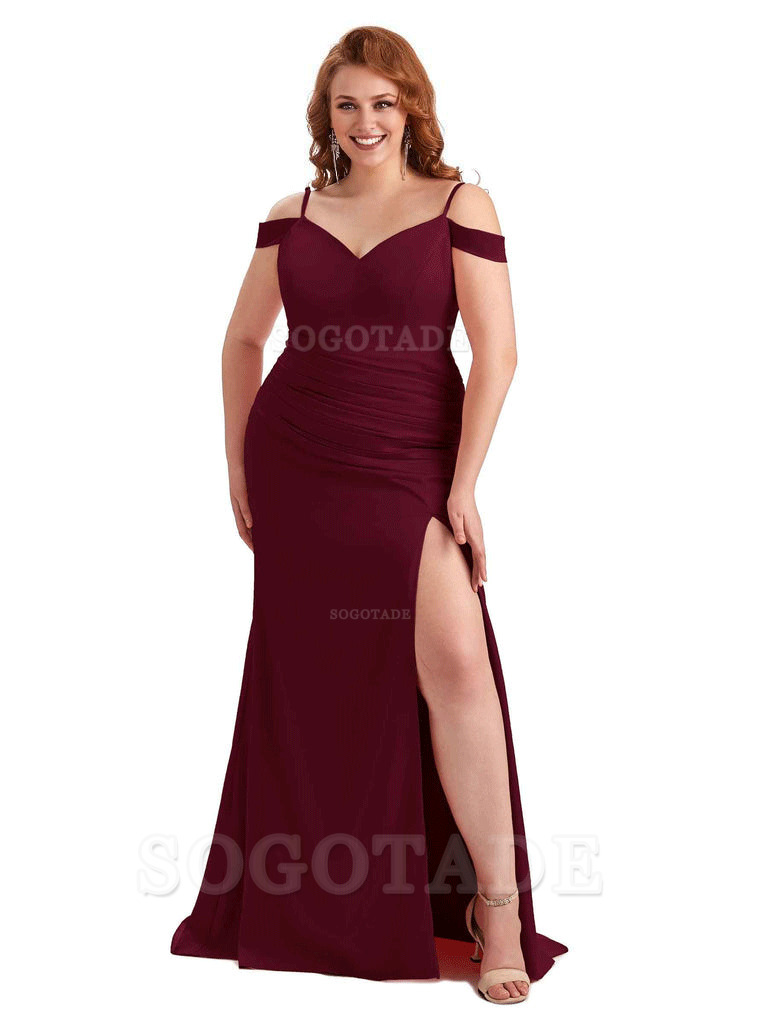 Sexy Side Slit Mermaid Cold Shoulder Soft Satin Long Plus Size Bridesmaid Dresses Online