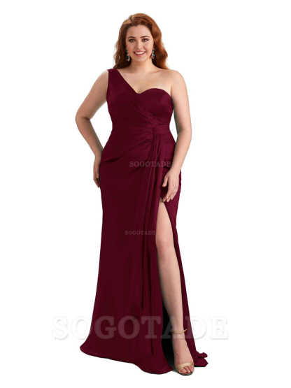  Sexy One Shoulder Side Hight Slit Mermaid Satin Floor Length Long Plus Size Bridesmaid Dress For Wedding