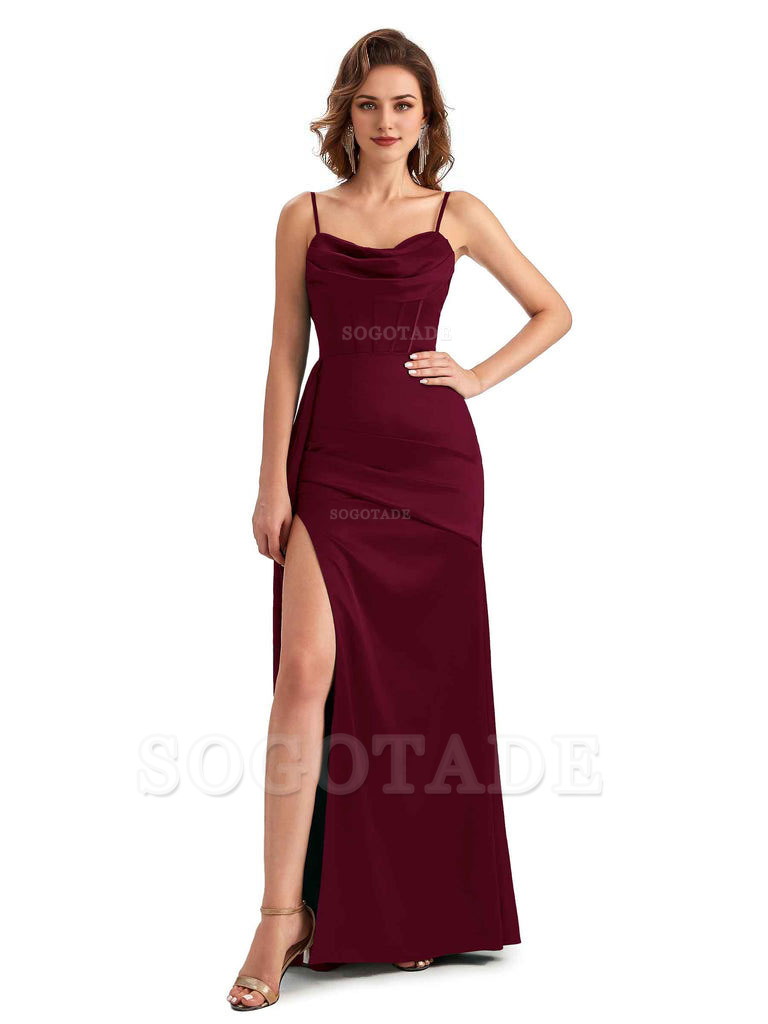 Sexy Side Slit Mermaid Silky Satin Spaghetti Straps Unique Wedding Guest Dresses