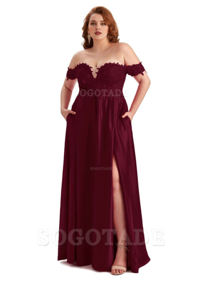 Off Shoulder Side Slit Lace Soft Satin Long Plus Size Bridesmaid Dresses For Wedding