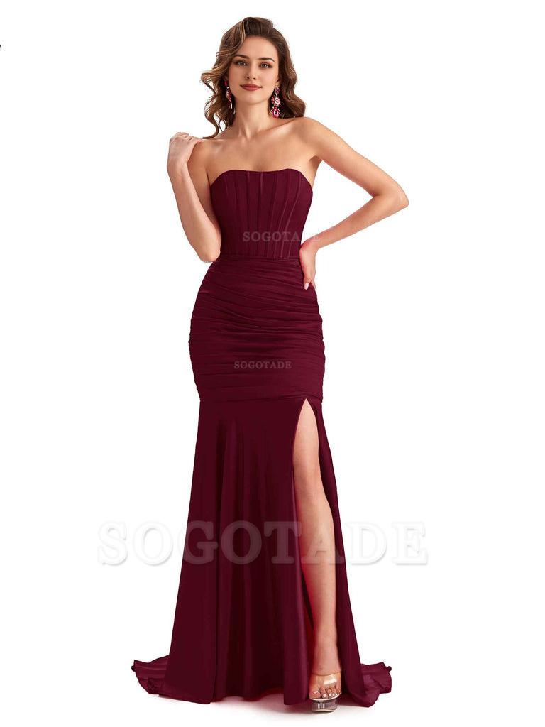 Sexy Strapless Side Slit Mermaid Silky Satin Formal Bridesmaid Dresses