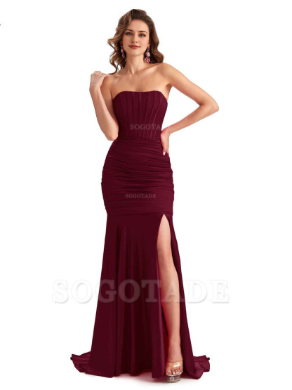 Sexy Strapless Side Slit Mermaid Silky Satin Formal Bridesmaid Dresses
