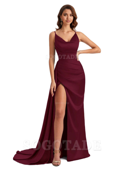 Mermaid Cowl Spaghetti Satin formal dresses evening gown Bridesmaid Dresses With Side Slit