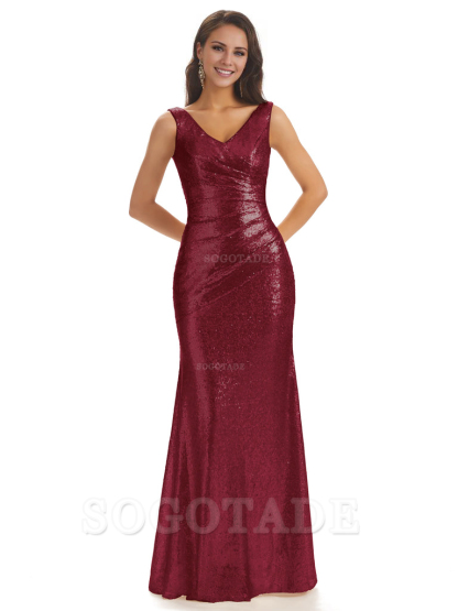 Sexy Sequin V-Neck Sparkly Long Mermaid Bridesmaid Dresses Charming Evening Party Dress