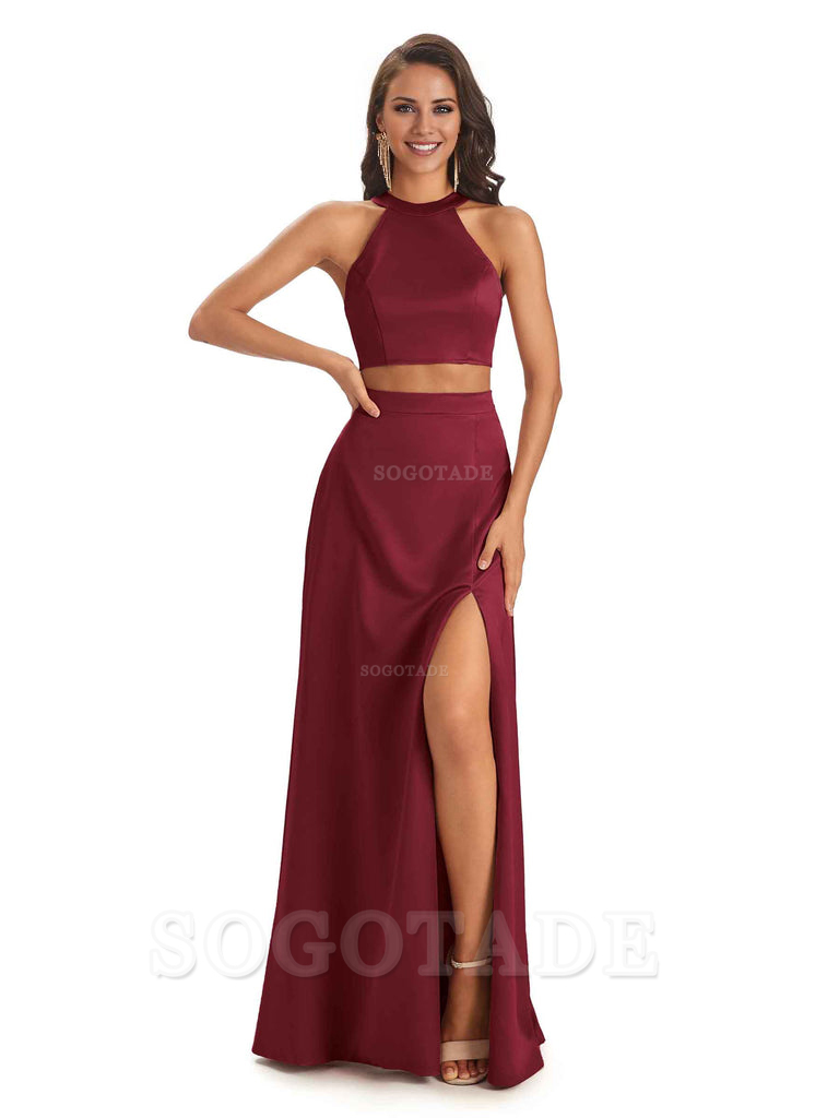 Soft Satin Two-Pieces Halter Side Slit Sexy Fashion Bridesmaid Dresses Charming Evening Party Dress