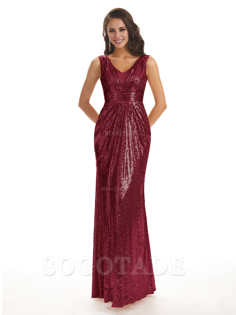 Sparkly V-Neck Sequin Long Mermaid Bridesmaid Dresses Sleeveless Charming Evening Party Dress