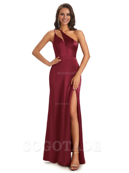 Sexy Soft Satin Side Slit One Shoulder Floor-Length Mermaid Long Bridesmaid Dresses Elegant Evening Party Dress