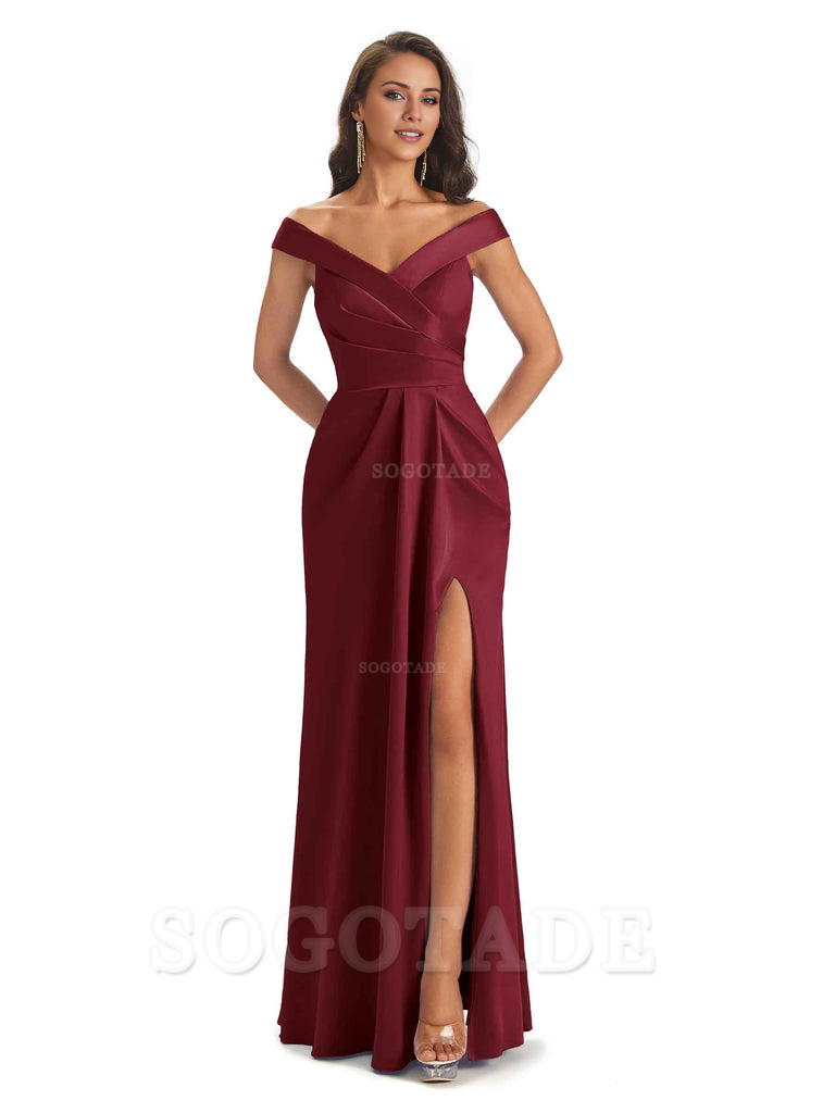 Sexy Soft Side Slit Off Shoulder V-Neck Long Satin Ladies Bridesmaid Dresses Elegant Evening Party Dress