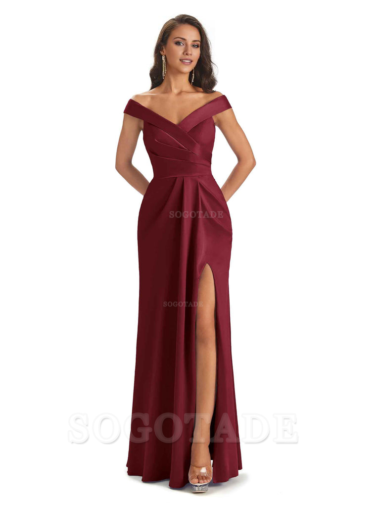 Sexy Soft Side Slit Off Shoulder V-Neck Long Satin Ladies Bridesmaid Dresses Elegant Evening Party Dress