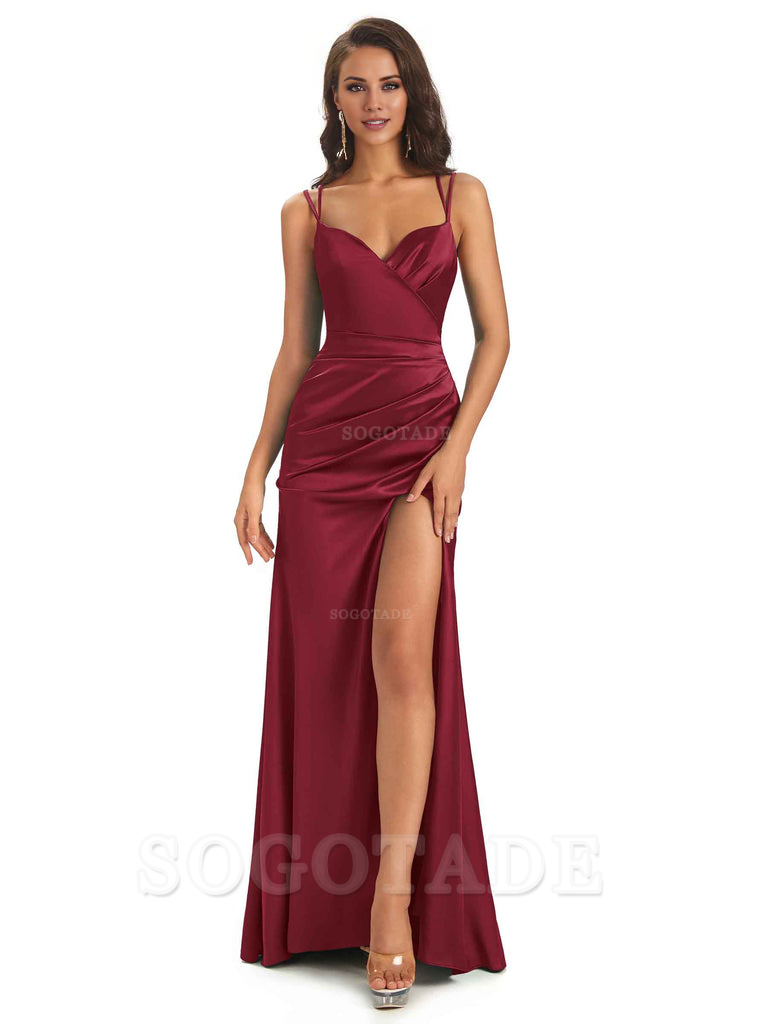 Sexy Soft Satin Side Slit Spaghetti Straps Long Maxi Mermaid Bridesmaid Dresses Elegant Evening Party Dress